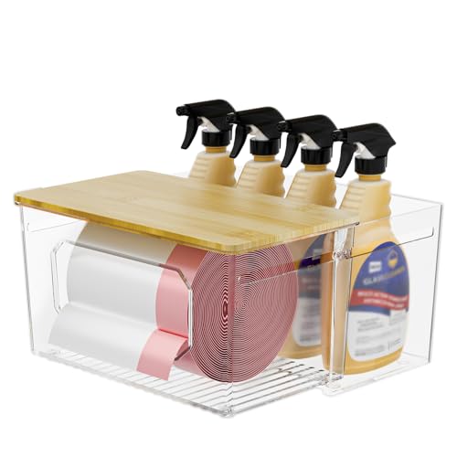 spospo Trash Bag Holder 2-in-1 Under Sink Organizer with Bamboo Lid | Acrylic Trash Bag Dispenser with Pull-Out Basket for Cleaning Supplies, Garbage Bag Holder for Kitchen Laundry Room Storage - size: 2-in-1