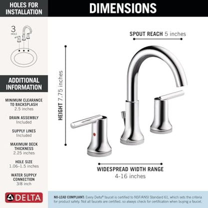 Delta Trinsic Chrome Bathroom Faucet 3 Hole, 8 Inch Widespread Bathroom Sink Faucet for Vanity, Metal Push-Pop Drain Assembly, Chrome 3559-MPU-DST - color: Chrome