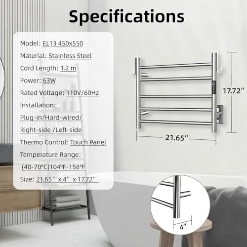 P&Dlusir EL13 Heated Towel Rack, Polished, 5 Bar | Fast Heat in 2 Min, Smart Timer, Thermo Control, Memory Functoion, Stainless Steel, Hard-Wired/Plug-in - color: Polished, size: 21.65"W x 17.72"H