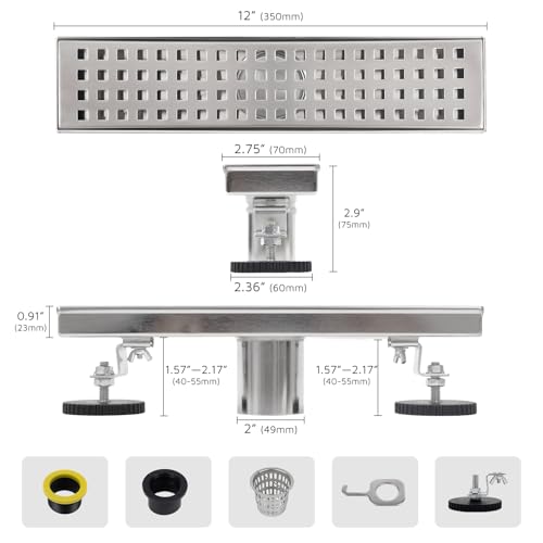 12 Inch Linear Shower Drain Brushed Nickel, Rectangular Shower Floor Drain Kit 304 Stainless Steel, Removable Grid Grate, Hair Catcher, Leveling Feet - color: Brushed Nickel, size: 3"x 12"-Grate
