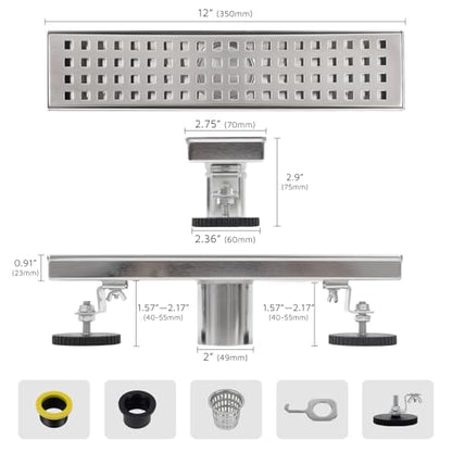 12 Inch Linear Shower Drain Brushed Nickel, Rectangular Shower Floor Drain Kit 304 Stainless Steel, Removable Grid Grate, Hair Catcher, Leveling Feet - color: Brushed Nickel, size: 3"x 12"-Grate
