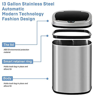 13 Gallon Stainless Steel Trash Can with Lid,Touch Free Automatic Kitchen Trash Can,Fingerprint-Resistant Soft Close Lid Garbage Can, 50L Large Capacity Garbage Can for Kitchen Home Office(Sliver) - color: Sliver