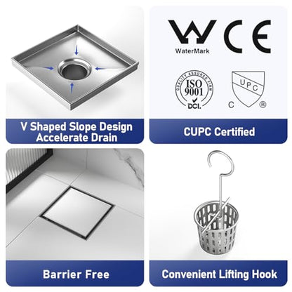 Square Shower Drain, 304 Stainless Steel Floor Drain 8" | with Tiled Insert Grate & Hair Strainer, Bathroom 2-in-1 Tiled in Drain, CUPC Certified - color: Brushed, size: 8''