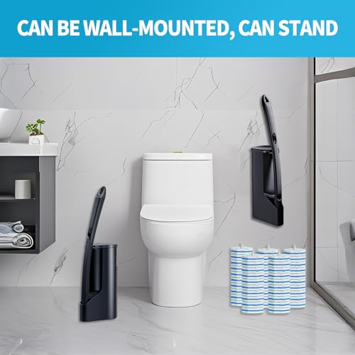 Disposable Toilet Brush with 50 Cleaner Refills Pads，Wall Mounted Toilet Bowl Holder Set，Toilet Cleaning System Starter Kit，Bathroom Cleaning System for Sink Bathtub Wash Basin