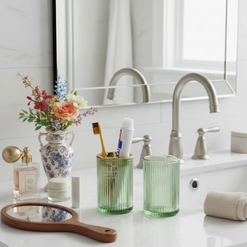 Toothbrush Holders for Bathrooms, 2pcs Glass Toothbrush Holder, 12oz Bathroom Tumbler and Mouthwash Cup, Tooth Brush and Toothpaste Organizer for Bathroom Vanity Countertop (Green Gold) - color: Green Gold