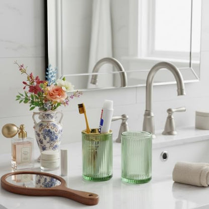 Toothbrush Holders for Bathrooms, 2pcs Glass Toothbrush Holder, 12oz Bathroom Tumbler and Mouthwash Cup, Tooth Brush and Toothpaste Organizer for Bathroom Vanity Countertop (Green Gold) - color: Green Gold