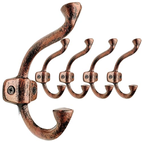 WEBI Rustic Coat Hooks Wall Mount,Cast Iron Vintage Wall Hooks for Hanging,Heavy Duty Decorative Wall Hooks for Farmhouse,Mudroom,Closet,Robe,Backpack,Antique Copper,Pack of 5 - color: Antique Copper