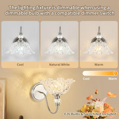 1 Piece Brushed Nickel Wall Sconce with Flower Shade | Brushed Nickel Wall Sconce,Flower Glass Shade,E26 Base,for Bathroom,Living Room,Bedroom - color: Nickel, size: 1-Light