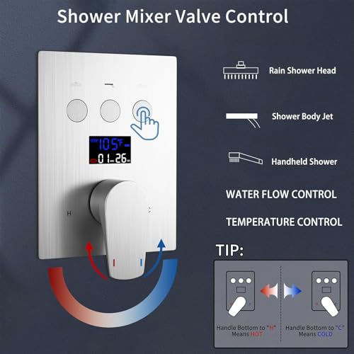 Temperature Display Rain Mixer Shower Faucet Set with 6 Body Jets 12 inch Square Rainfall Shower Head with Handheld Spray Wall Mounted Rough-in Valve and Trim Included,Brushed Nickel - color: Brushed Nickel