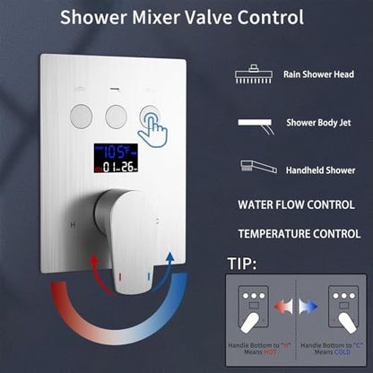 Temperature Display Rain Mixer Shower Faucet Set with 6 Body Jets 12 inch Square Rainfall Shower Head with Handheld Spray Wall Mounted Rough-in Valve and Trim Included,Brushed Nickel - color: Brushed Nickel