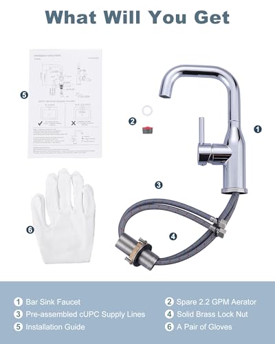 Bar Sink Faucet Single Hole: ARCORA Chrome Wet Bar Faucets - Prep Sink Faucet 360 Swivel - Small Kitchen Bathroom Faucet with cUPC Supply Lines - color: Chrome
