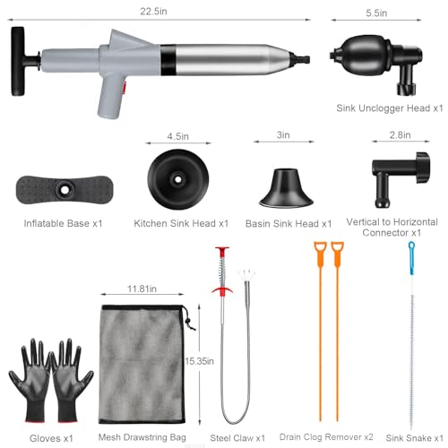 Fast Toilet Plunger High Pressure with Storage Bag, Heavy Duty Air Drain Blaster & Unclogger Tool, Clog Remover Kit & Toilet Snake Alternative for Bathroom, Toilets, Sinks, Tubs, Pipes (Gray) - size: Toilet plunger-Gray