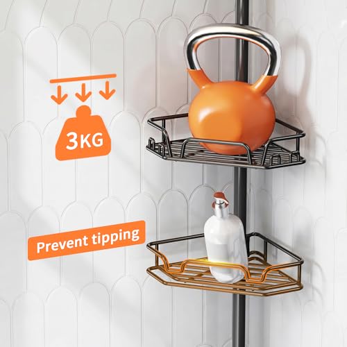 KEGII Corner Shower Caddy Tension Pole, Large Capacity Organizer, Black | Easy Installation with Towel Bar and Hooks, Adjustable 25-114.2 inch Rod for Shampoo, Bath Essentials and Family Bathrooms