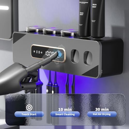 Smart Cleaning Toothbrush Holder, Smart Drying & Cleaning Bathroom Toothbrush Holder with 2 Toothpaste Dispensers, Wall Mounted Organizer for Electric/Manual Toothbrushes with 3 Cups 6 Slots (Gray) - color: Gray