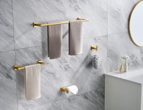 Miyili 4-Pieces Gold Bathroom Accessories Set Bath Hardware Kit - Includes Double Towel Bar, Hand Towel Rack, Toilet Paper Holder, Robe Hook, BS02G4A - color: Gold