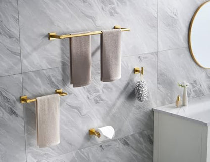 Miyili 4-Pieces Gold Bathroom Accessories Set Bath Hardware Kit - Includes Double Towel Bar, Hand Towel Rack, Toilet Paper Holder, Robe Hook, BS02G4A - color: Gold