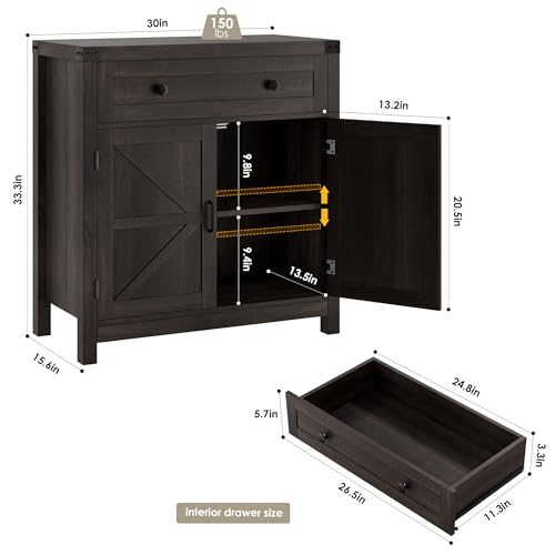 HOSTACK Kitchen Storage Cabinet, Farmhouse Coffee Bar Cabinet, Dark Brown | Small Buffet Cabinet with Doors & Wide Drawer, Wood Sideboard Buffet, Entry Table w/ Adjustable Shelf for Dining Living Room - color: Dark Brown