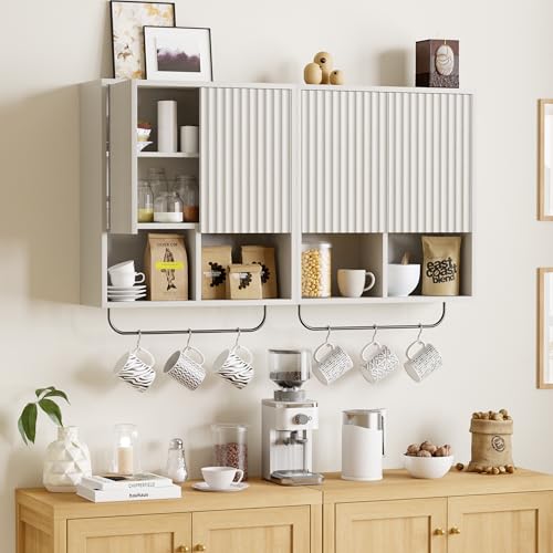 Fluted Wall Cabinets with Doors and Shelves Set of 2, Modern Medicine Cabinet Bathroom Adjustable Shelf Towel Rack Wood Storage Cabinet for Kitchen Dining Room Living Room, White - color: White, size: 2PCS
