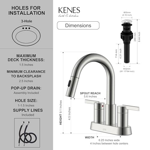 Brushed Nickel Pull Down Bathroom Faucet, 4 Inch 2 Handle Centerset | Pull Out Bathroom Faucet with Pop Up Drain & Supply Lines, Lead-Free cUPC & NSF Certified, 3 Hole Faucet for Vanity RV Bar - color: Brushed Nickel