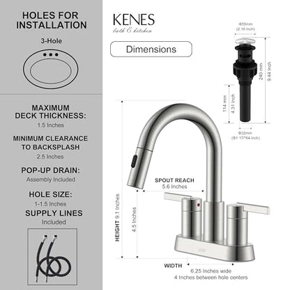 Brushed Nickel Pull Down Bathroom Faucet, 4 Inch 2 Handle Centerset | Pull Out Bathroom Faucet with Pop Up Drain & Supply Lines, Lead-Free cUPC & NSF Certified, 3 Hole Faucet for Vanity RV Bar - color: Brushed Nickel