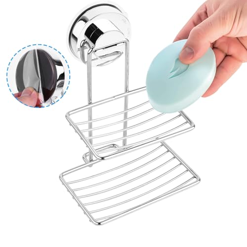 DOITOOL Soap Holder with Drainage Holes Stainless Steel Double Layer with Powerful Suction Cup, Rust Proof Soap Dish for Bathroom and Kitchen Wall Mount