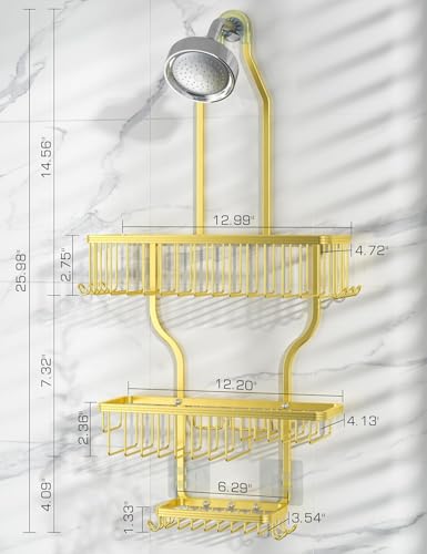 Never Rust Shower Caddy Hanging, Aluminum Shower Racks for Inside Shower, 3-Tier Shower Organizer Hanging Over Shower Head with Hooks and Soap Holder, Gold - color: Gold