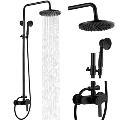 Airuida Matte Black Exposed Shower System with Handheld Spray | Single Handle,Wall Mount,8 Inch Rainfall Shower Head,Dual Function,Exposed Pipe Fixture for Bathroom - color: Matte Black
