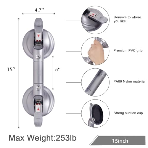 15inch Suction Shower Grab Bar, Portable Shower Handle Bar Suction Grip Bar Bathtub Handle with Strong Suction Cup Fitting and Rapid Release for Bathroom(Max Capacity :300lb