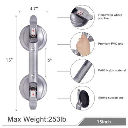 15inch Suction Shower Grab Bar, Portable Shower Handle Bar Suction Grip Bar Bathtub Handle with Strong Suction Cup Fitting and Rapid Release for Bathroom(Max Capacity :300lb