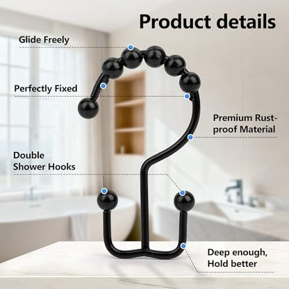 Resze 12 Pcs Shower Curtain Hooks, Metal Double Shower Curtain Rings,Black | Glide Roller Shower Hooks, Rust-Resistant Anti-Drop Shower Rings, Smooth Sliding Hooks for Bathroom Shower Rods Curtains - color: Black