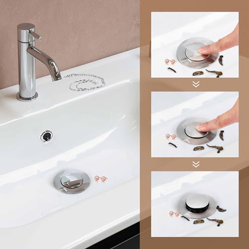 Bathroom Sink Pop Up Drain with Overflow, Stainless Steel Sink Drain Strainer with Built-in Anti-Clogging Strainer Basket, Sink Drain Stopper Fits Standard American Drain Hole