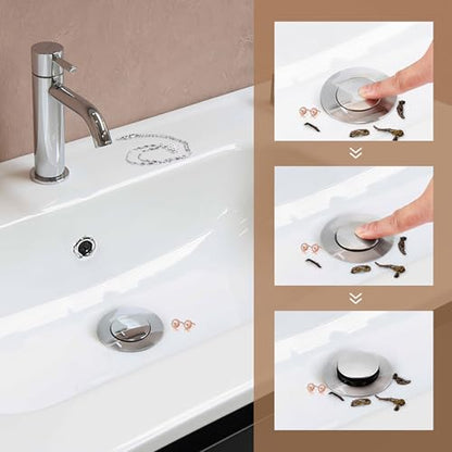 Bathroom Sink Pop Up Drain with Overflow, Stainless Steel Sink Drain Strainer with Built-in Anti-Clogging Strainer Basket, Sink Drain Stopper Fits Standard American Drain Hole