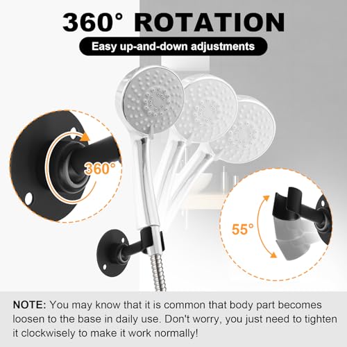 Hordion Shower Head Holder Wall Mount, 360°Adjustable, Black | Handheld Shower Head Holder Bracket, Stainless Steel Showerhead Wand Bracket, Shower Spray Holder