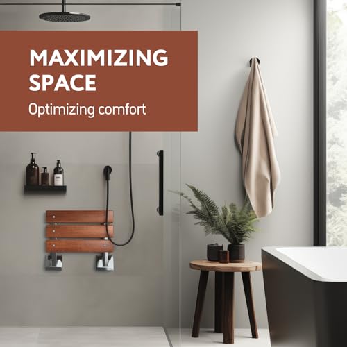 Folding Shower Seat - Wall Mounted - 16 Inch - Fold Down - Teak | Floating In Shower Bench - Fold Up Bathroom Stool - Foldable Teak Wood Chair with Stainless Steel Wall Mount - 330lb Capacity
