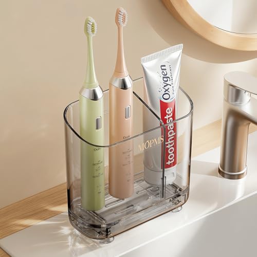 MOPMS Toothbrush Holders with Drainage for Bathrooms Countertop Organizer | 2 Slots Electric Toothbrush Holder Wall-Mount with Divider for Easy Clean, Tooth Brush and Toothpaste Holder for Bathroom - color: Grey, size: 1-pcs