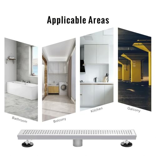 SaniteModar Linear Shower Drain 32 inch Brushed with Square Hole Panel | AISI 304 Stainless Steel Brushed Linear Dain Rectangle Shower Floor Drain with Hair Strainer and Leveling Feet - color: Stainless Steel, size: 32 inch