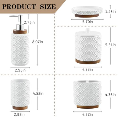 RQYIXI Elegant 5 PCS Ceramic&Wood Bathroom Accessories Set:Soap Dispenser,Toothbrush Holder,Tumbler,Soap Dish,Cotton Swab Jar,Easy to Clean,Quatrefoil Pattern,White-Affordable Home Luxury - color: White Set-5pcs