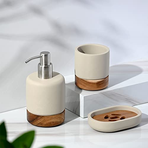 Bathroom Accessories Set 3 Piece Bath Ensemble Includes Soap Dispenser, Tumbler, Dish for Decorative Countertop & Housewarming Gift (Concrete with Acacia Wood) - style: Concrete with Acacia Wood