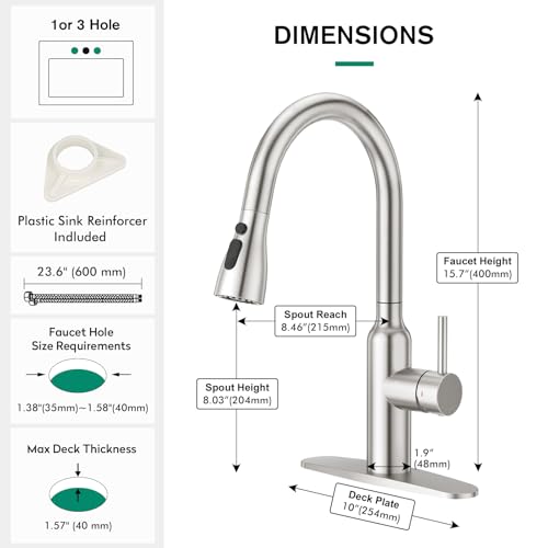 CREA Brushed Nickel Kitchen Faucets with Pull Down Sprayer, Faucets for Kitchen Sink, Small High Arc RV Stainless Steel Single Handle Pull Out Kitchen Sink Faucets, Brushed - color: Brushed, style: standard