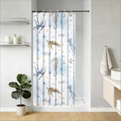 Yeele Ocean Creatures Watercolor Shower Curtain, Turtle Octopus Blue Print Shower Curtain, Waterproof Machine Washable Fabric Bath Curtain 36x72 Inch with Grommets and Hooks - color: Blue 1, size: 36"W x 72"L (Pack of 1)