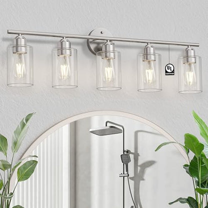 Bathroom Vanity Light Fixtures Brushed Nickel Bathroom Lighting Fixture, 5 Lights Bathroom Light Fixture Over Mirror, Modern Black Vanity Light, Wall Sconces with Glass Shades - color: Brushed Nickel, size: 5 Lights