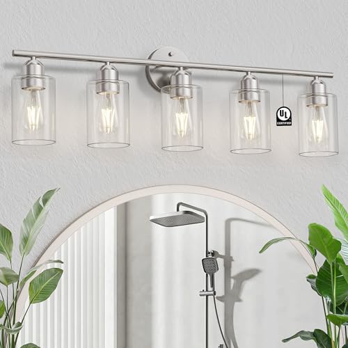 Bathroom Vanity Light Fixtures Brushed Nickel Bathroom Lighting Fixture, 5 Lights Bathroom Light Fixture Over Mirror, Modern Black Vanity Light, Wall Sconces with Glass Shades - color: Brushed Nickel, size: 5 Lights