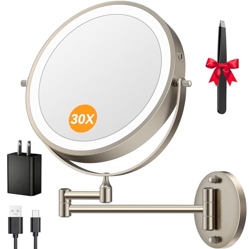 Auxmir 9″ 5000mAh 1X/30X Wall Mounted Lighted Magnifying Makeup Mirror | Power Adapter&2 Tweezers Included/ 3 Dimmable Colors/ Dual Sided Button Control/ Rechargeable/ 360° Rotation Extended Arm - color: 9'' 30x-nickel+adapter