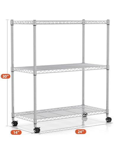 Simple Deluxe 3-Tier Heavy Duty Storage Shelves 750Lb Capacity, 24.02" D x 13.78" W x 29.92" H Adjustable Shelving Unit with Wheels, Chrome - color: Chrome, size: 3-Tier