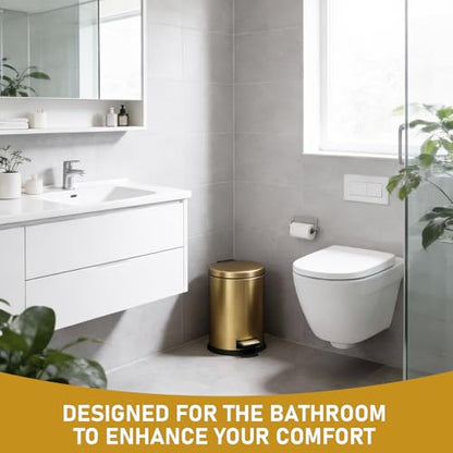 SIMPLYKLEEN Bathroom Trash Can with Lid - 4PC 1.3 Gallon/ 5L Oval Small Trash Can with Soft-Close Lid, Foot Pedal, Brushed Stainless Steel, Removable Liner, Garbage can for Kitchen, Office, Home Gold - color: Gold, size: 5L Oval 4PC
