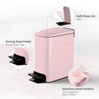 Cesun Small Bathroom Trash Can with Lid, 1.6 Gal, Soft Close, Pink | Step pedal soft close, Slim 5.9in fits narrow spaces, Stainless steel, Anti-fingerprint, Removable inner bucket, Odor seal - color: Pink