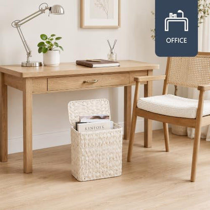 Coeusy Wicker Trash Can with Lid and Liner,Boho Decotative Small Bathroom Trash Cans,Waterproof Slim Narrow Waste Basket for Bedroom,Home Office,3 Gallon Beige White - color: white