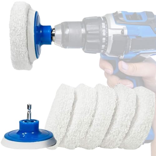 RotoScrub 7 Pack Drill Brush Set for Deep Cleaning, Scratch Resistant, Bathroom, Oven, Countertops, Sinks, Soap Scum, Tile, Boats, Patio Furniture & More | 6 reusable non-scratch white nylon pads for showers, tubs, tile, grout, sinks and counters; fits dr