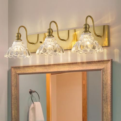 EDISLIVE Vintage Vanity Light for Bathroom Gold 3-Light Bath Wall Light Fixture with Clear Flower Glass Shades 26.38" E12 Antique Wall Sconce for Bedroom Hallway Living Room Vanity Mirror - color: Gold, size: 3 Light