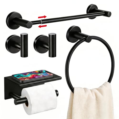 5Pcs Bathroom Hardware Set, Matte Black Bathroom Accessories Set with 24" Towel Bar, Upgraded Toilet Paper Holder with Shelf, Towel Ring & 2 Robe Hooks, Wall Mounted Stainless Steel Bath Hardware Set